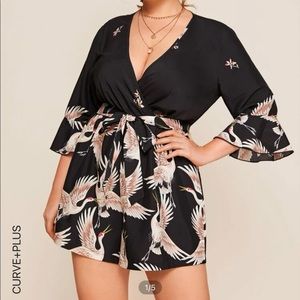 Plus Split Back Belted Crane Bird Print Romper